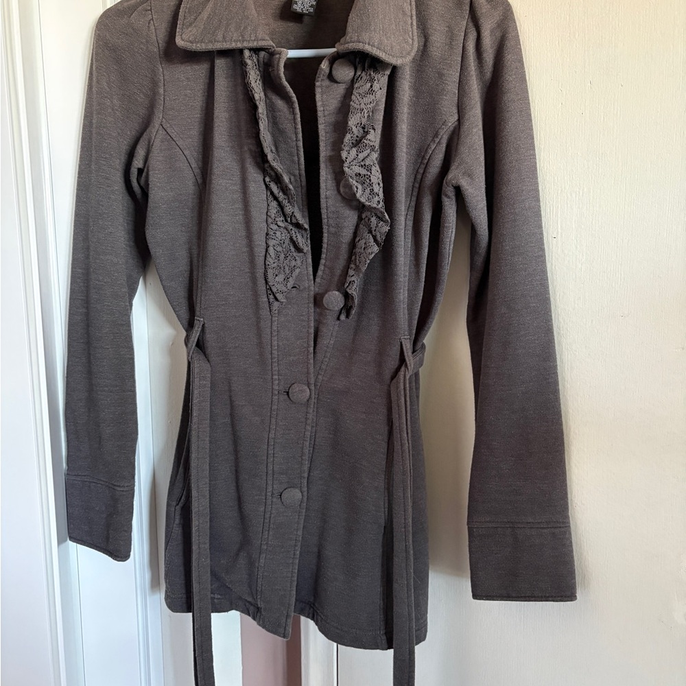 Self Esteem Ruffle-Trim Cardigan in Taupe